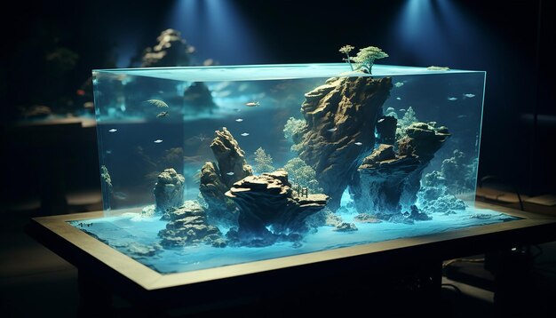 Photo a table made out of screens with underwater video playing and island scenery figurines placed around