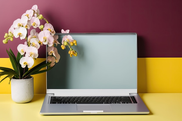 On a table near the rooms color wall is a modern laptop and an orchid flower