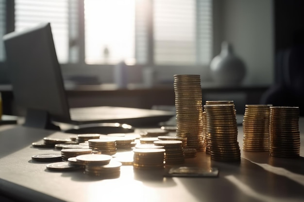 On the table in the office is a stack of coins and a computer created with Generative AI technology