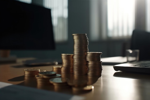 On the table in the office is a stack of coins and a computer created with Generative AI technology