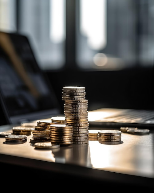 On the table in the office is a stack of coins and a computer created with Generative AI technology