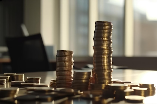 On the table in the office is a stack of coins and a computer created with Generative AI technology