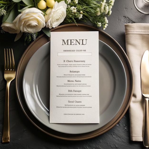 Photo table place setting blank menu card mockup or reserve in wedding invite and special event