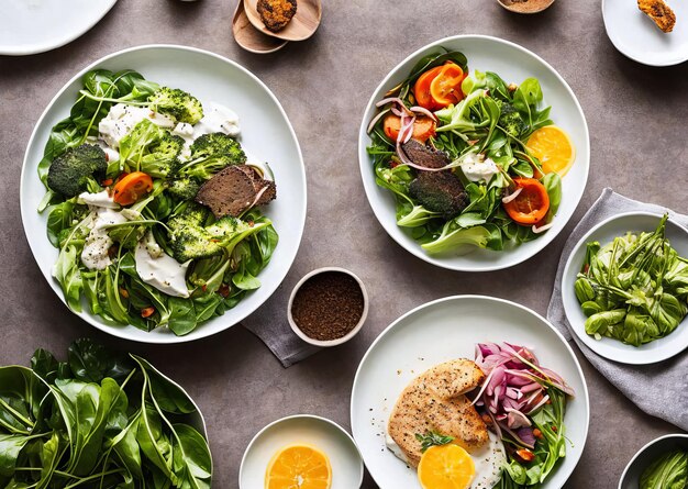 Photo a table of plates of food including a salad with a salad and a plate of salad.