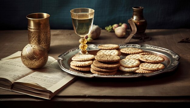 Table prepared with traditional food to celebrate Passover