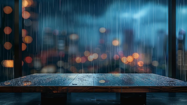 Table on rainy window background