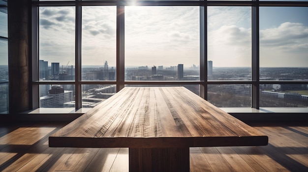 A table in a room with a view of the city