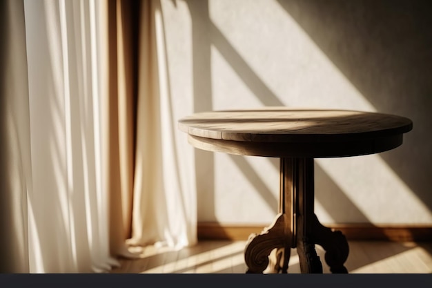 A table in a room with a window and the sun shining through it.