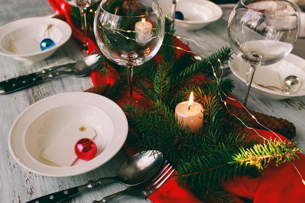 Table served for Christmas dinner in living room.  