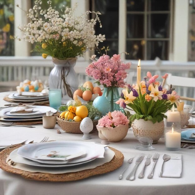 a table set for a dinner with flowers and candles