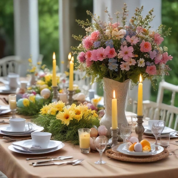 a table set for a dinner with flowers and candles