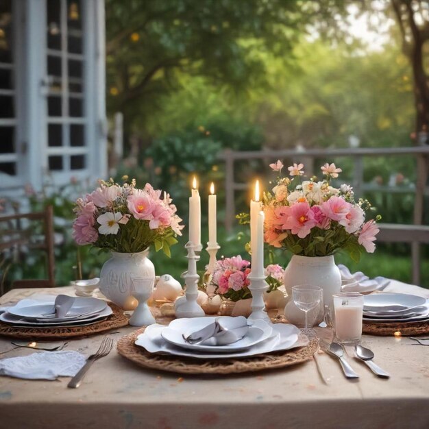 a table set for a dinner with flowers and candles