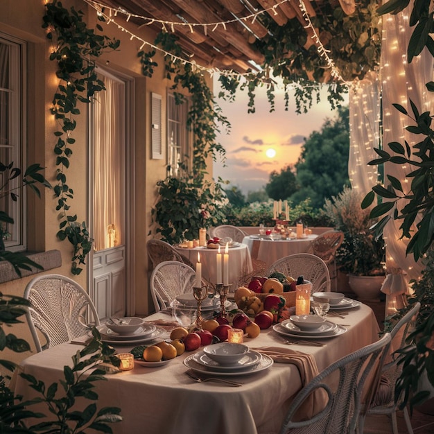 a table set for a dinner with a tablecloth and fruit on it