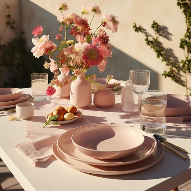 a table set for a meal with flowers and water