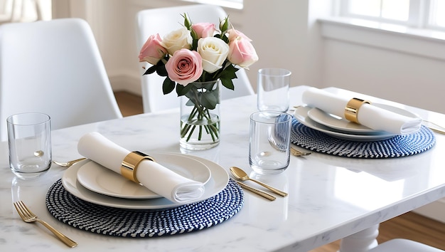 Photo a table set for a meal with a table set for two and three glasses