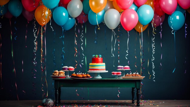 table set for a party decorated with balloons