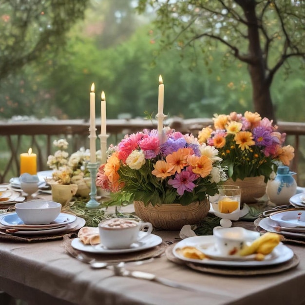 a table set for a party with flowers and candles