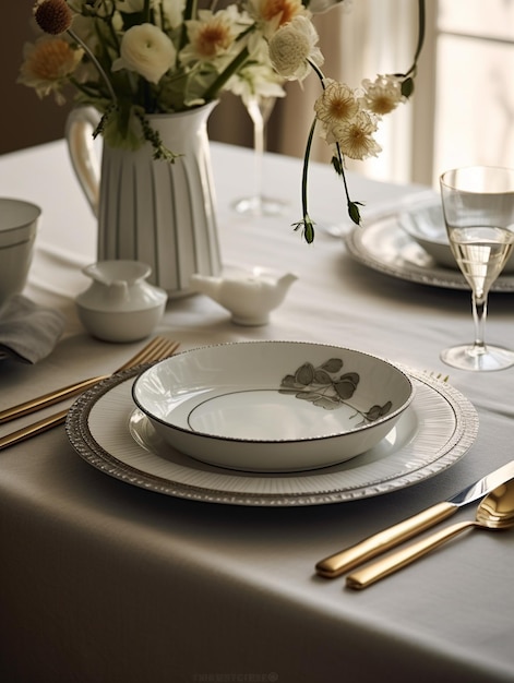 a table set for a restaurant with a white tablecloth and a white vase with flowers in it