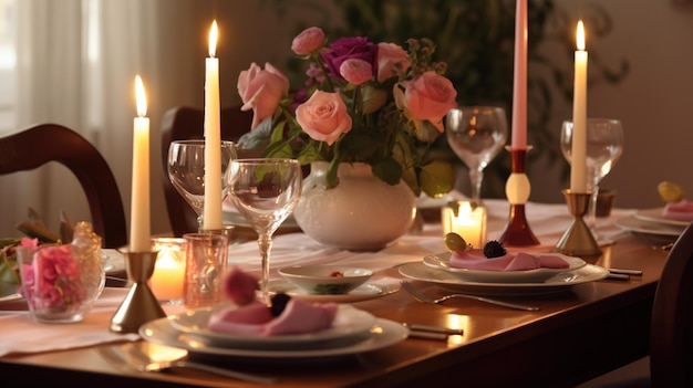 A table set for a romantic dinner with roses and candles