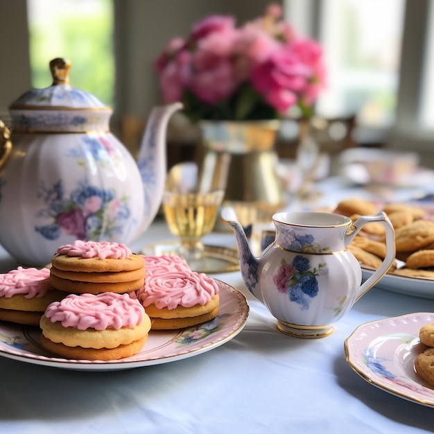 A table set for a tea party with a pink teapot blue cup