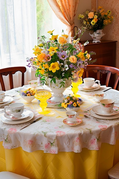 A table set for a tea party with a vase of flowers on it.