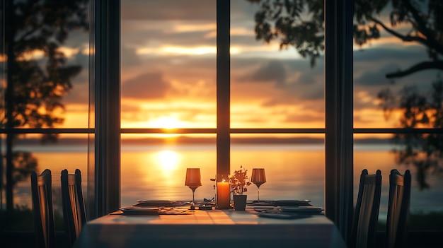 a table set for two with a sunset in the background