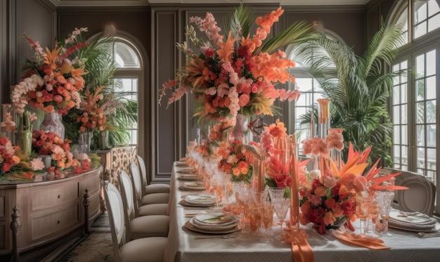 A table set for a wedding reception with a large floral arrangement on the table