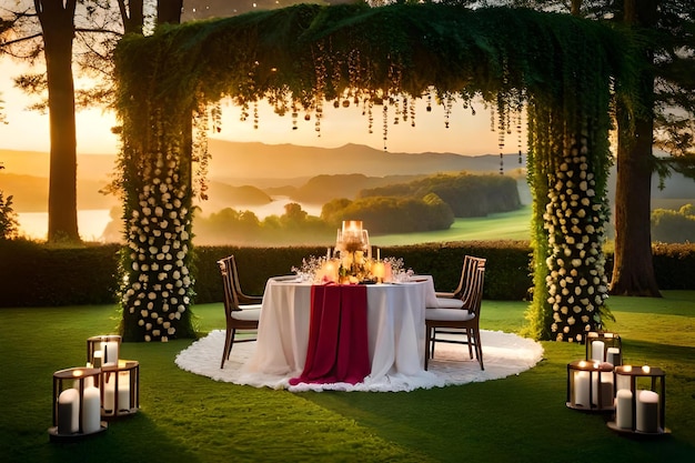 A table set for a wedding reception with a tablecloth and flowers.