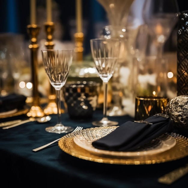 a table set for a wedding reception with a tablecloth and glasses.