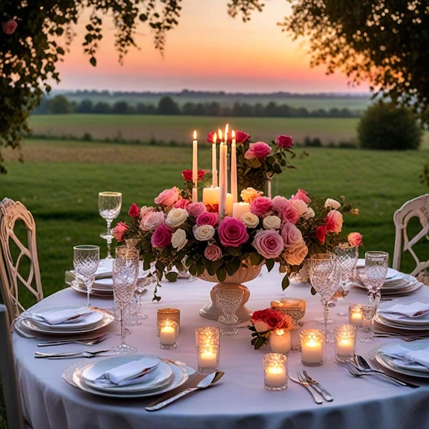 a table set for a wedding with a candle and candles