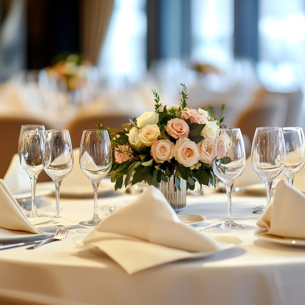 a table set for a wedding with a flower arrangement on it