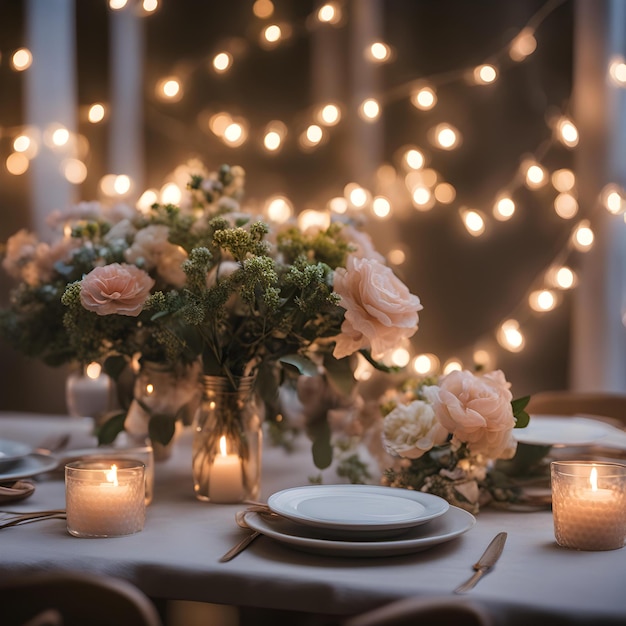 a table set for a wedding with flowers and candles