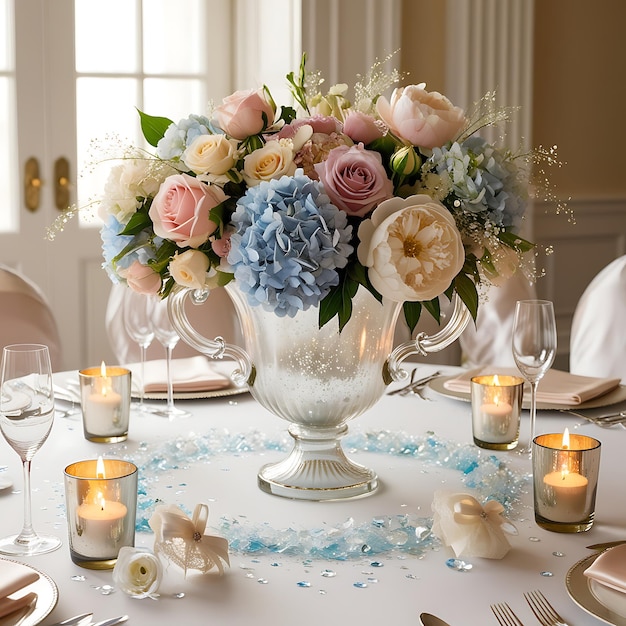 Photo a table set for a wedding with flowers and candles