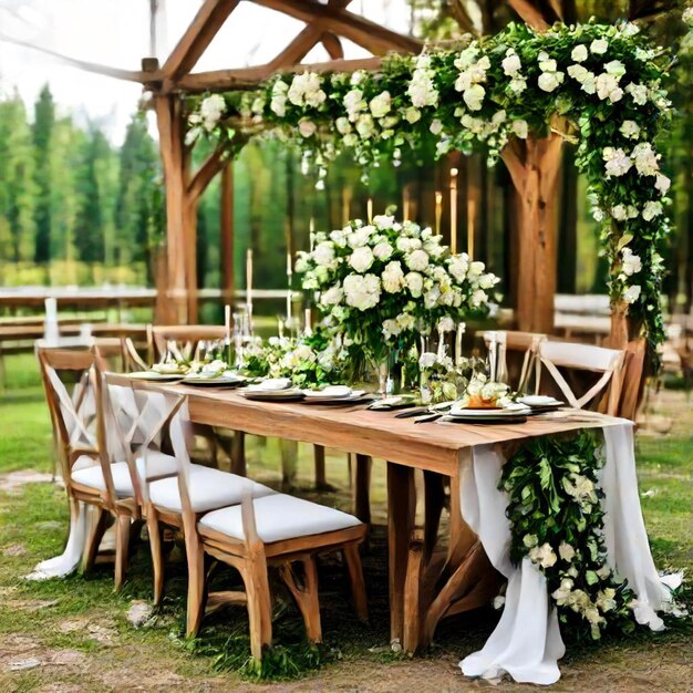 Photo a table set for a wedding with flowers and a pergola