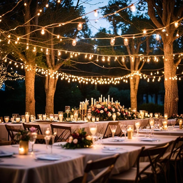 a table set for a wedding with lights and candles