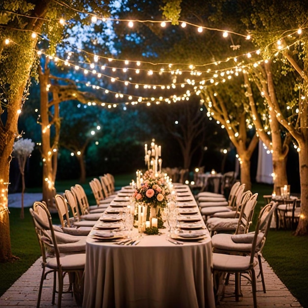 a table set for a wedding with lights hanging from the trees