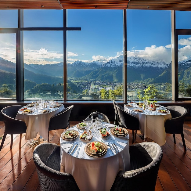 a table set for a wedding with mountains in the background