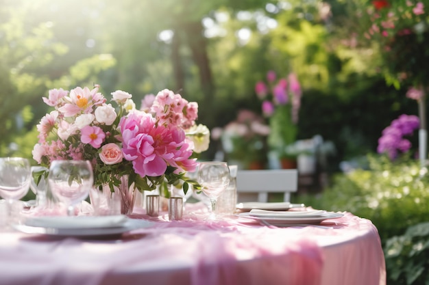 A table set for a wedding with pink flowers on it