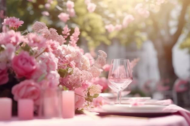 A table set for a wedding with pink flowers