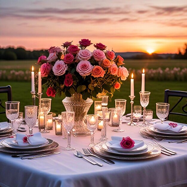 a table set for a wedding with roses and candles