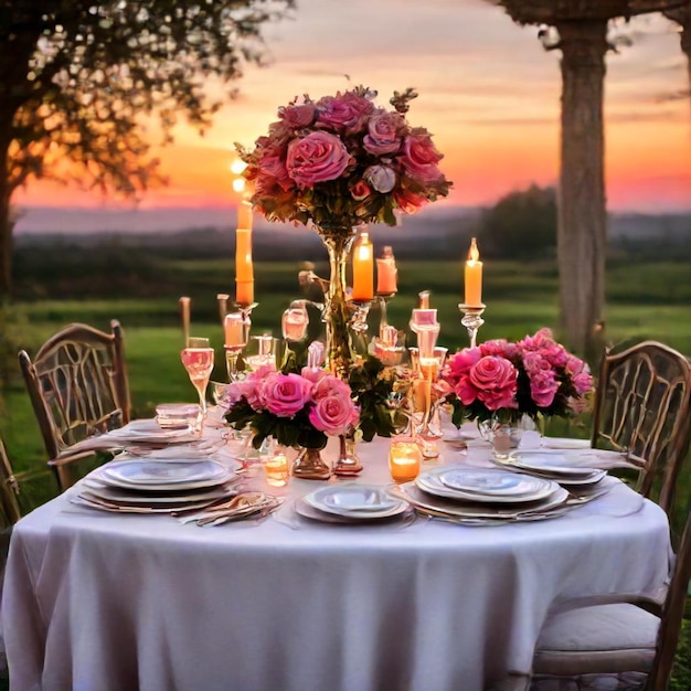 a table set for a wedding with a table set with flowers and candles