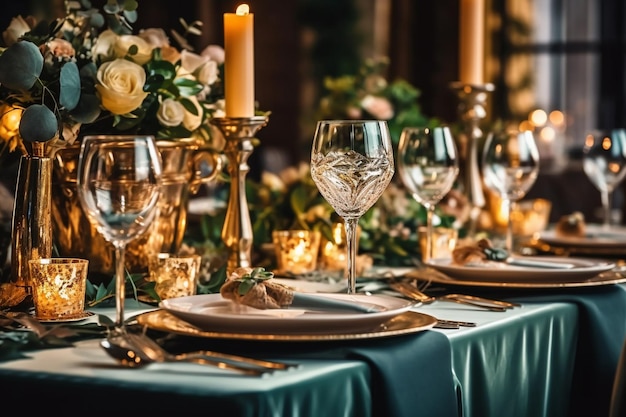 a table set for a wedding with a tablecloth and wine glasses.