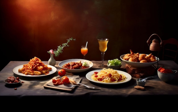 Table Set With Assorted Food and Drinks