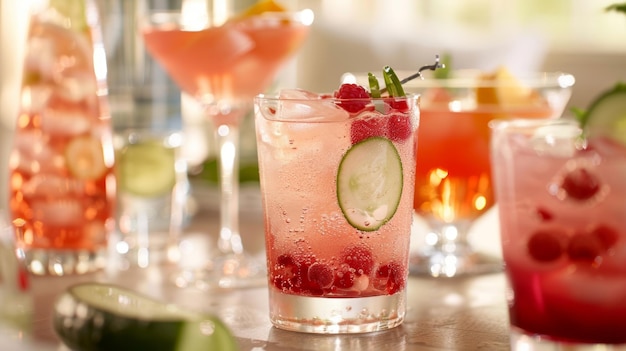 A table set with an assortment of refreshing mocktails including a sparkling berry spritzer and a