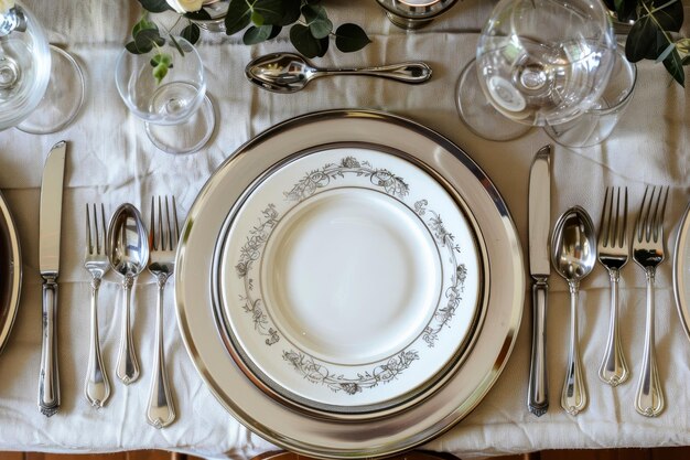 Photo a table set with elegant silverware and dinnerware for a formal dining experience elegant dinnerware and silverware for a formal meal