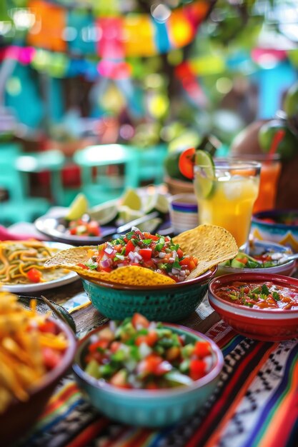 Photo table set with plates of food and drinks