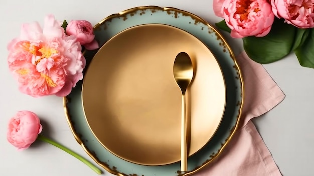 A table set with plates and plates with gold plates and a spoon on it.