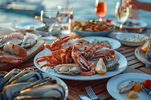 Photo table set with plates of various seafood dishes