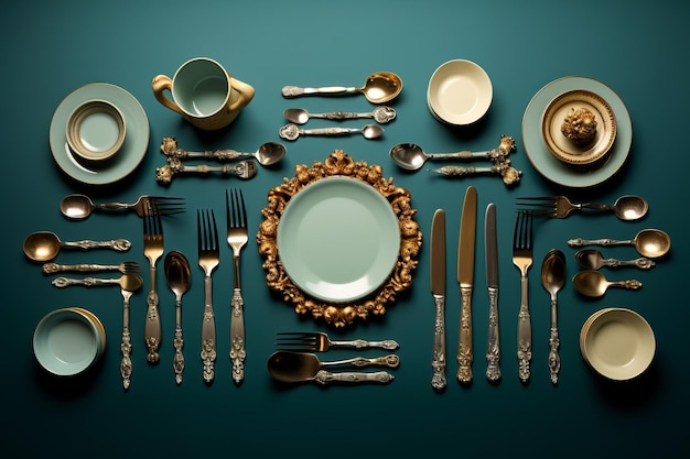 a table set with silverware and gold plates