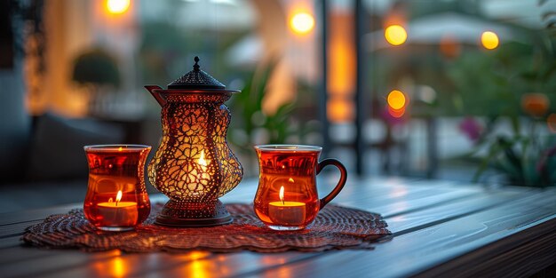 Table Set With Two Tea Cups and Tea Pot